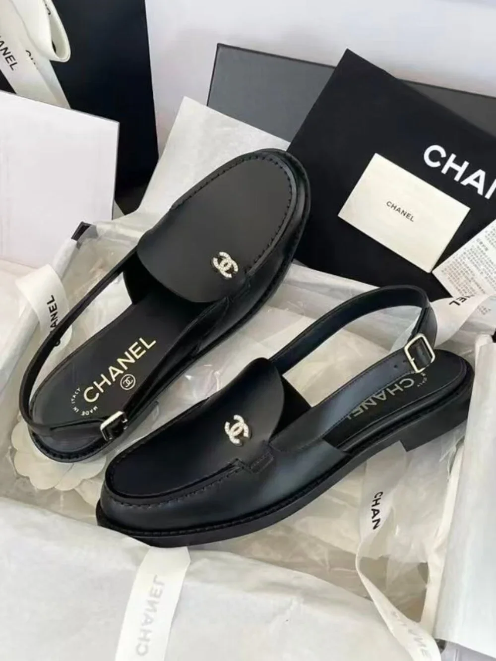 CHANEL Black Crystal CC Slingback Loafers